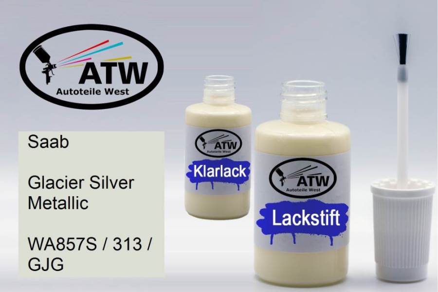 Saab, Glacier Silver Metallic, WA857S / 313 / GJG: 20ml Lackstift + 20ml Klarlack - Set, von ATW Autoteile West.